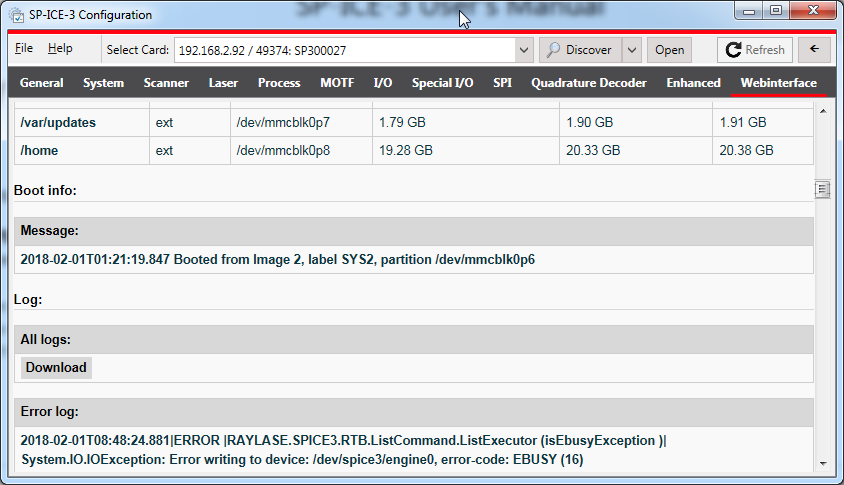 SP-ICE-3 Web Interface-Error Log